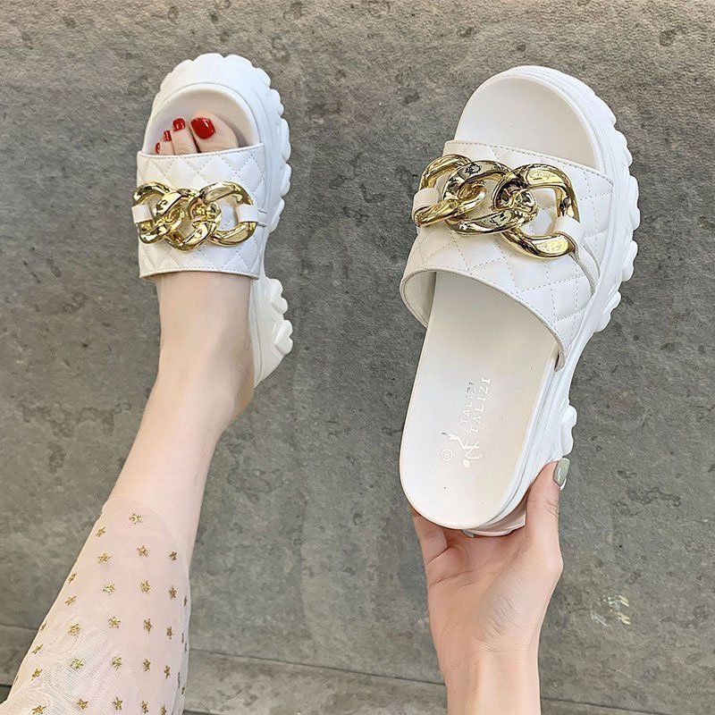 (k có sẵn) dép xuồng quai ngang bản to kèm dây xích thời trang 8cm 2106