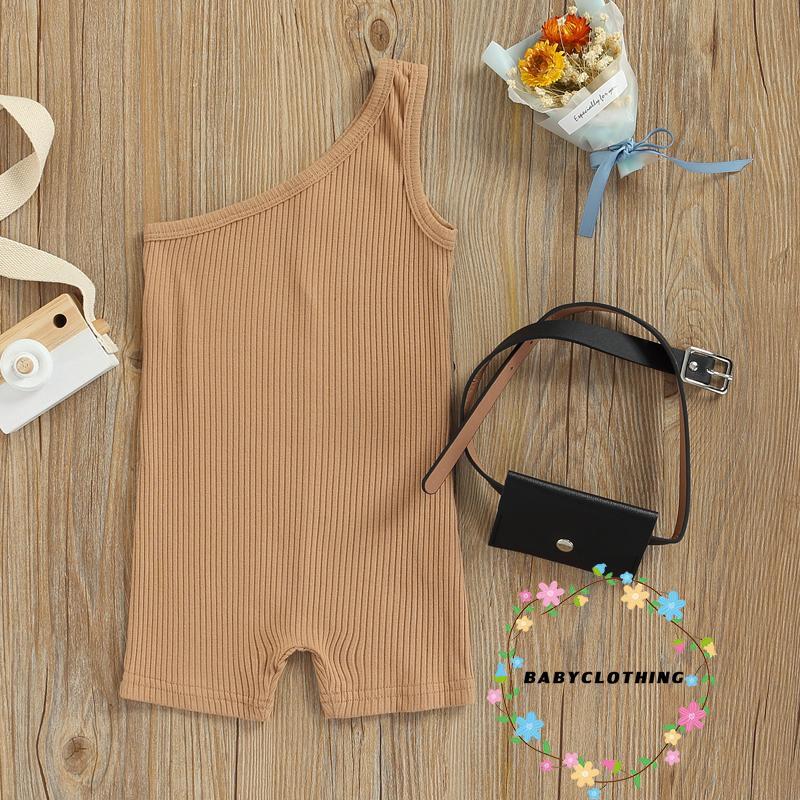 Bộ Áo Liền Quần Sát Nách Lệch Vai Màu Trơn Đơn Giản Kèm Thắt Lưng Cho Bé Gái