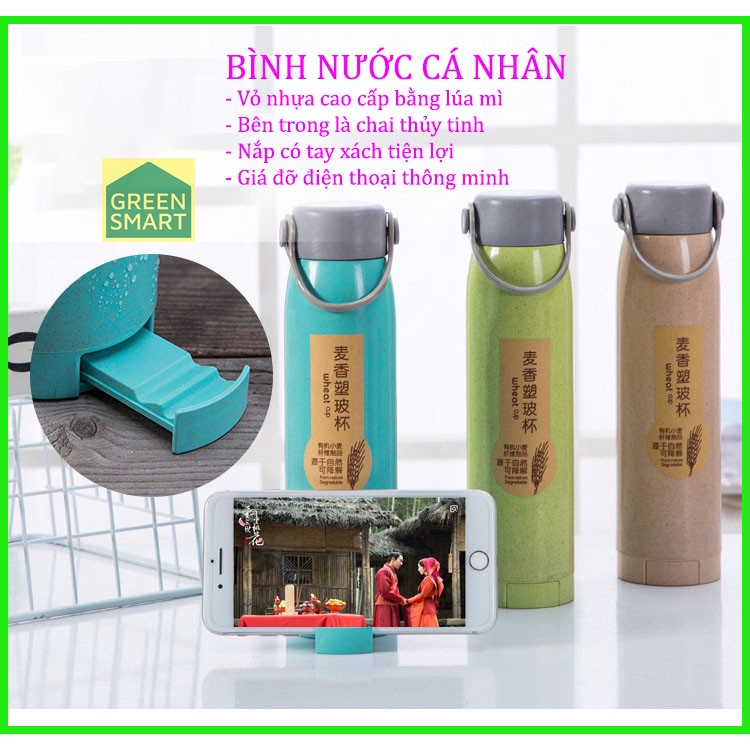 Bình nước cá nhân - Bình nước học sinh có giá để điện thoại xinh xắn