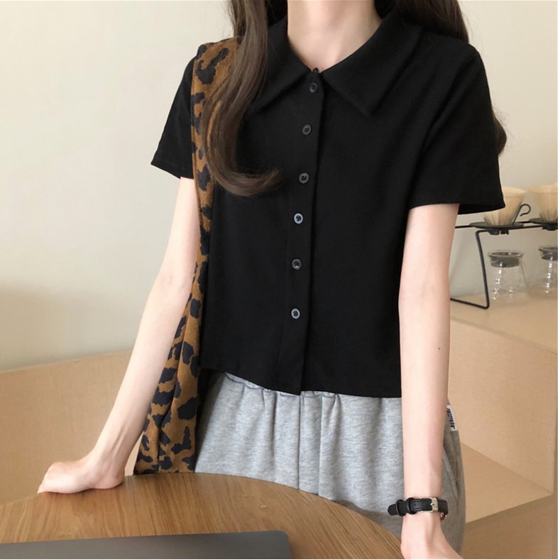 A036 Áo thun polo nữ dáng ngắn cộc tay cổ bẻ cài cúc Phông ngắn tay hè thu năng động Ulzzang trẻ trung đi học đi chơi
