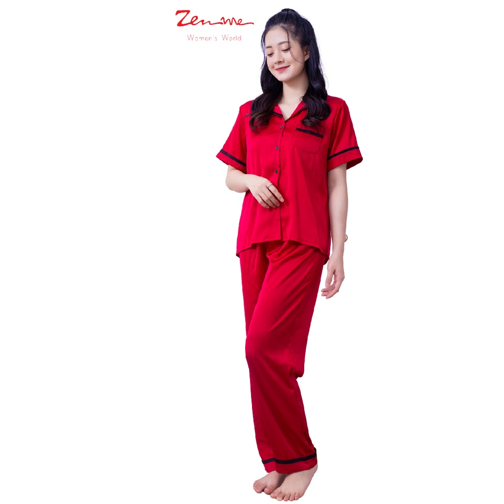 Đồ Bộ Nữ Mặc Nhà Phong Cách Pijama Chất Liệu Lụa Latin Áo Cộc Quần Dài PJP1021, Zen Me Women's World