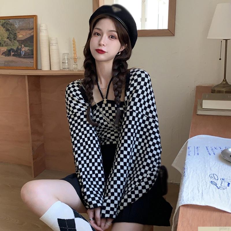 Áo cổ yếm / Áo khoác cardigan dệt kim tay dài dáng rộng sọc caro phong cách Hàn Quốc cho nữ