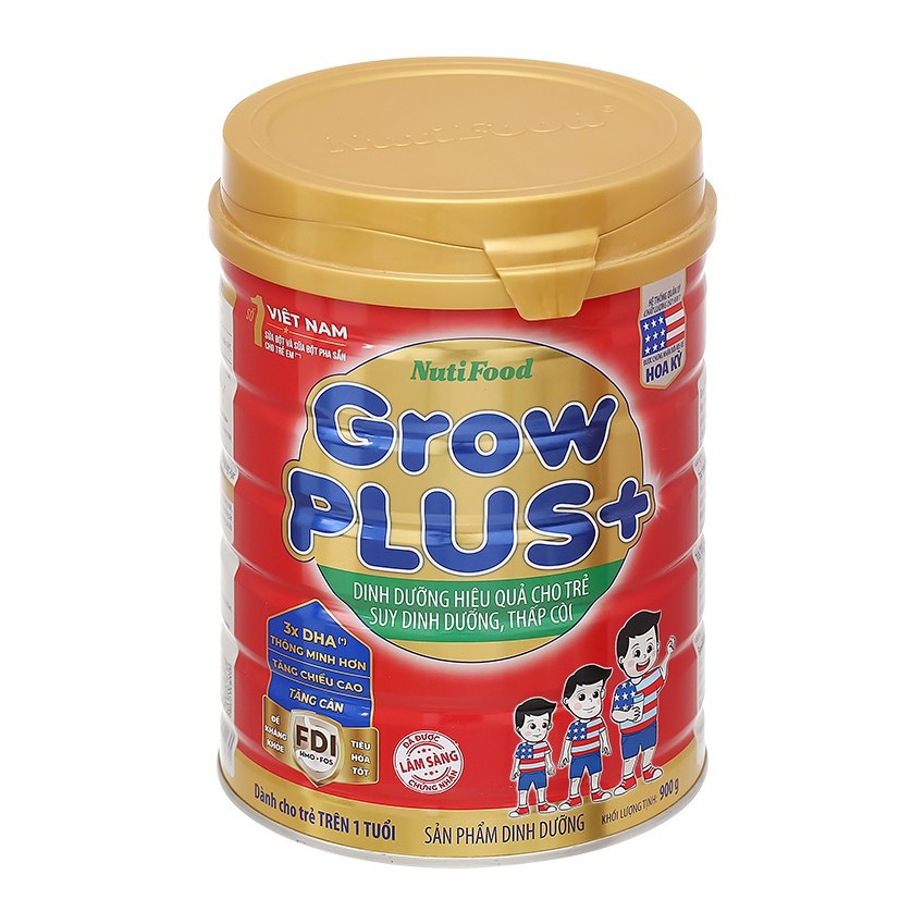 (Mẫu mới)(Có Thẻ Cào) Sữa bột Nutifood GrowPlus+ đỏ lon 900g cho trẻ suy dinh dưỡng trên 1 tuổi