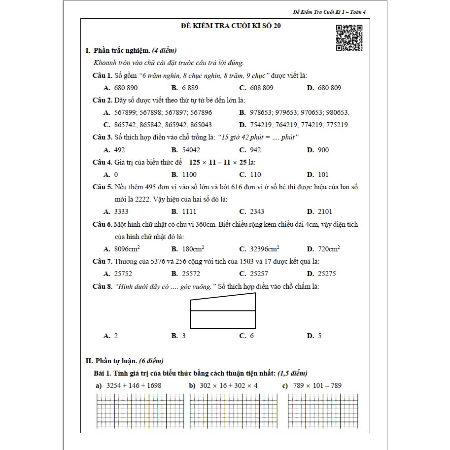 Sách - Đề Kiểm Tra Toán 4 - Học Kì 1 (1 cuốn)