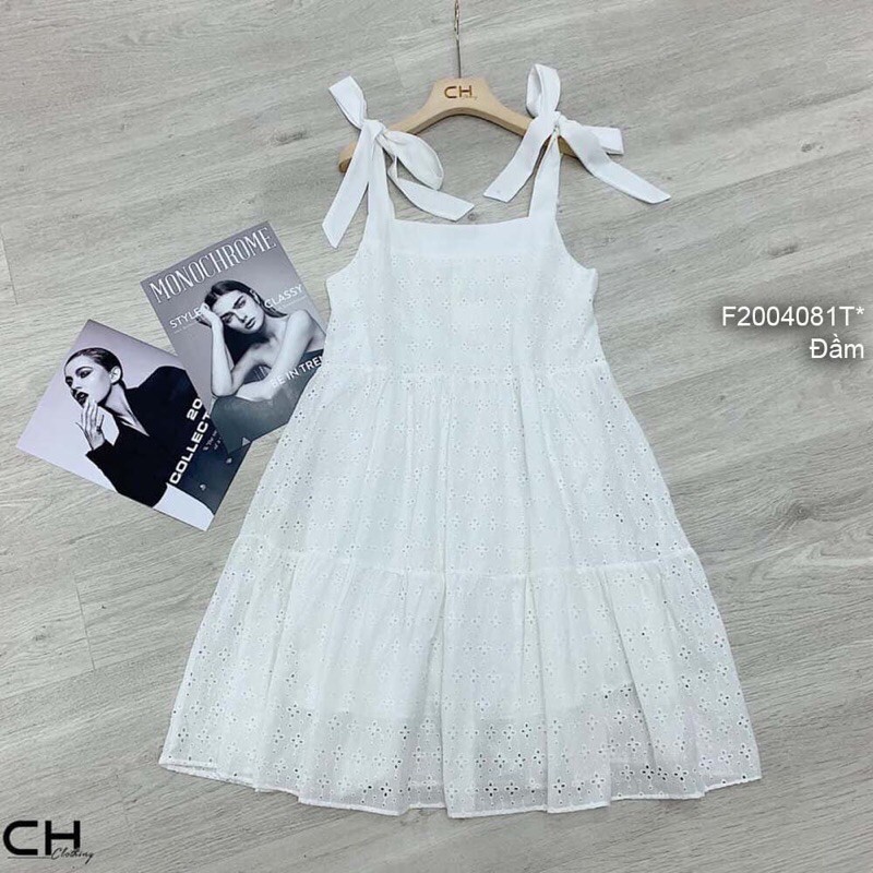 Đầm babydoll xô ren trắng đục lỗ 2 dây thắt nơ vai cực xinh!