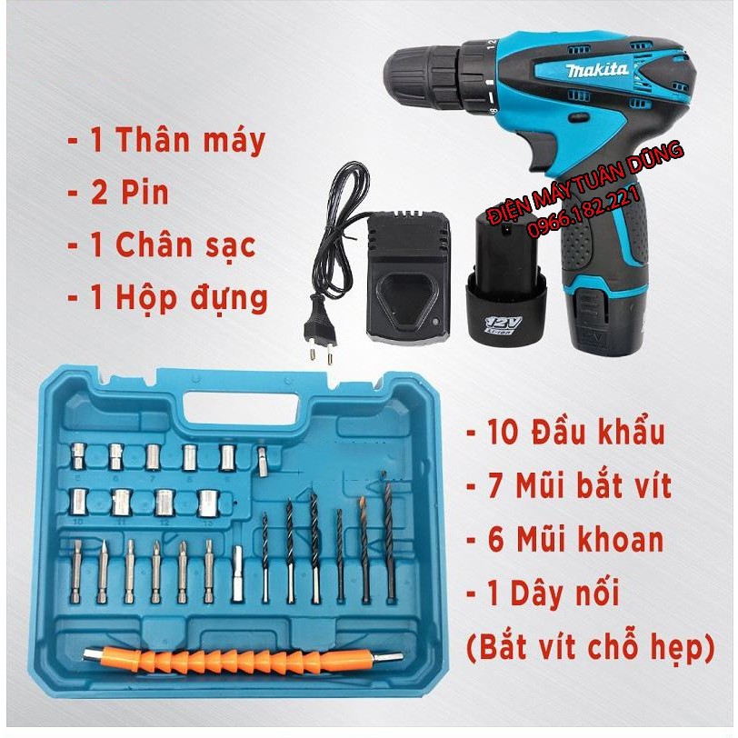 [Chính Hãng] Máy khoan pin makita 12V – KHOAN – BẮT VÍT – VẶN ỐC tặng kèm hộp 24 chi tiết