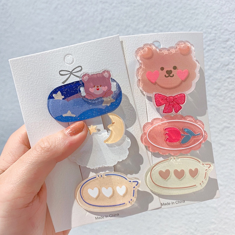 Tender afternoons Set 3 kẹp tóc bằng nhựa acrylic họa tiết hoạt hình dễ thương cho bé gái