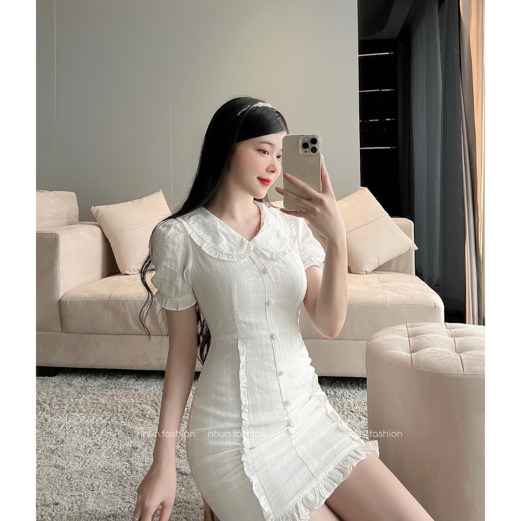Váy thiết kế cao cấp NhunFashion Đầm tiểu thư cổ bèo có chun eo phong cách công sở nhẹ nhàng nữ tính N31