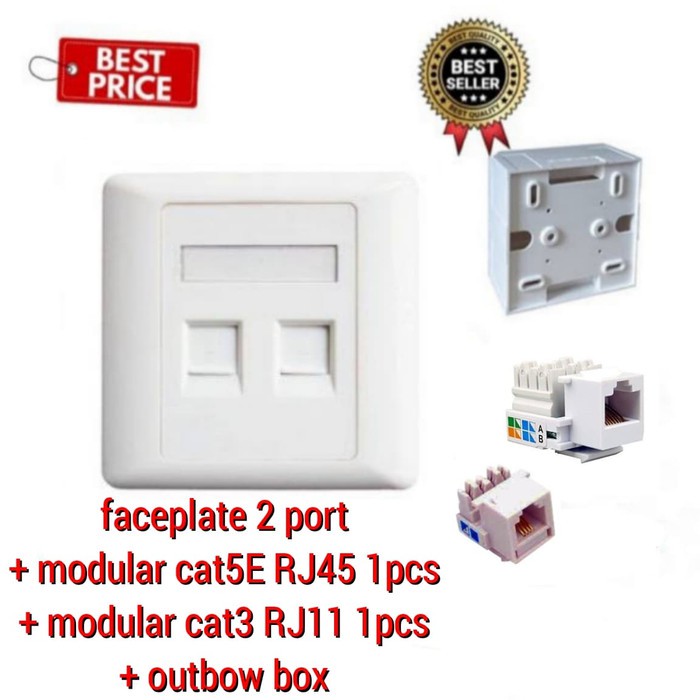 1 Hộp 2 Lỗ + Modular Cat5e 1pcs + Cat3 + 1 Phụ Kiện Đi Kèm