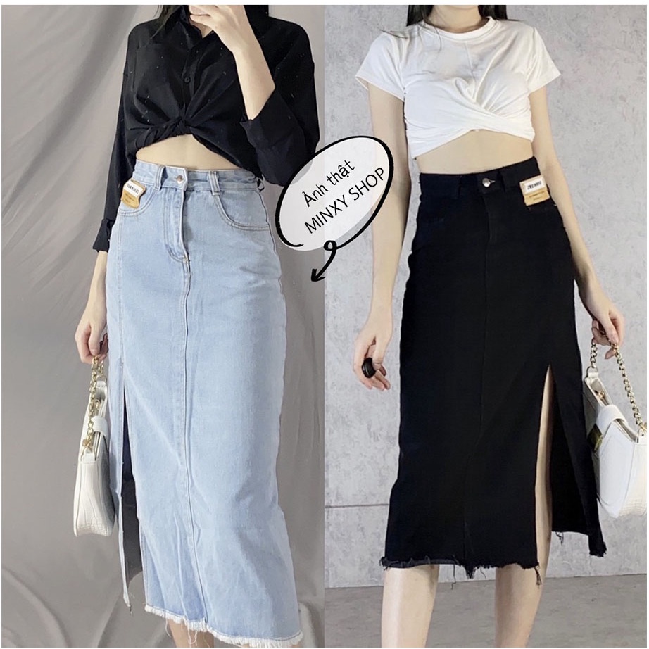 Chân váy Jean dài dáng mác da cv bò jeans chữ A xẻ tà ,cạp cao phong cách Hàn Quôc-MINXY SHOP