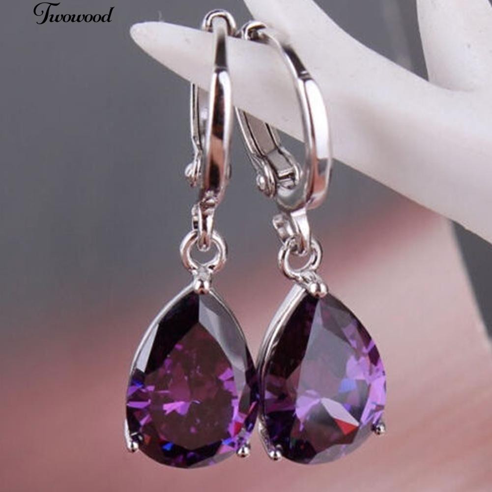 Bông Tai Đính Đá Tím Hình Giọt Nước Thời Trang