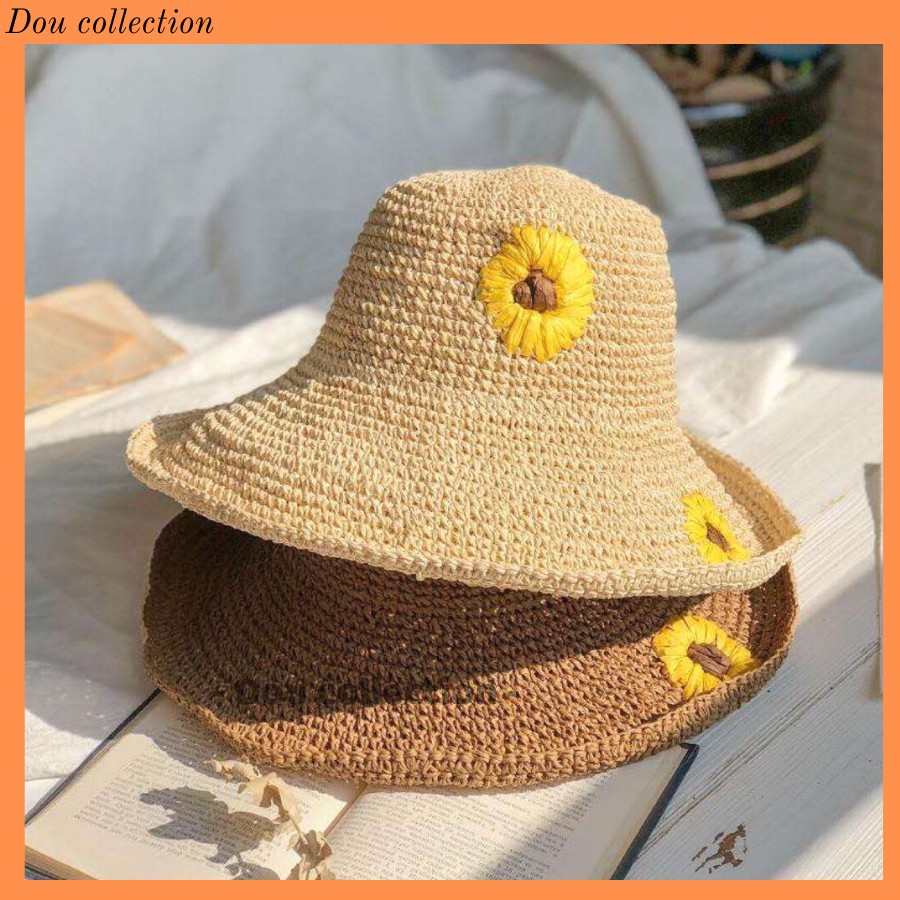 [NowShip2h] Mũ Cói (Nón Cói) Mềm Trơn Phối Hoa Cúc Đi Biển Thời Trang Nữ Hàn Quốc - Mã NC016