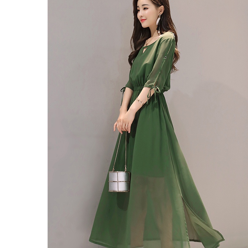 IELGY Đầm Chiffon Dáng Rộng Tay Ngắn Màu Trơn Xẻ Tà Thời Trang Cho Nữ