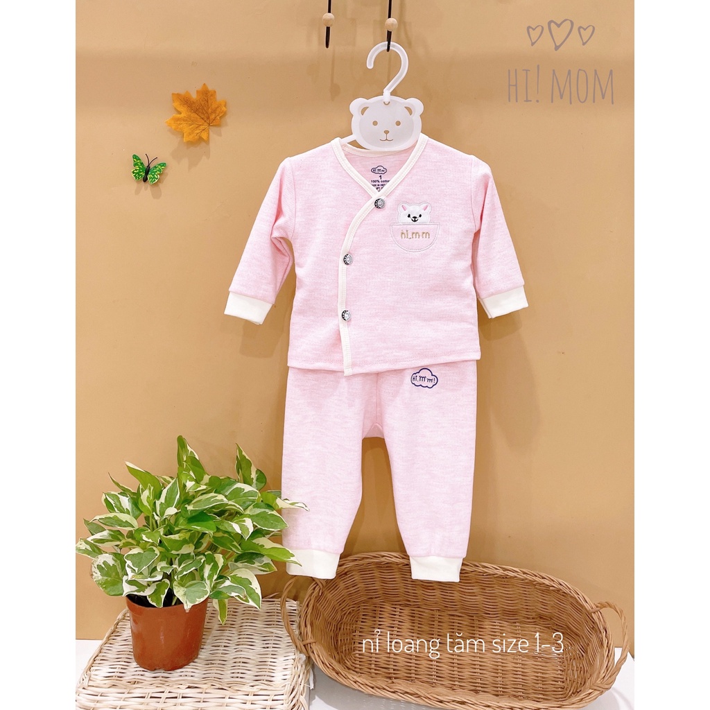 Bộ sơ sinh cài lệch nỉ loang tăm cho bé Hi Mom