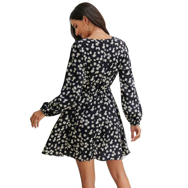 Đầm Midi Chữ A Tay Dài Phồng Cổ Chữ V In Họa Tiết Hoa Cúc Phong Cách Boho Gợi Cảm Cho Nữ