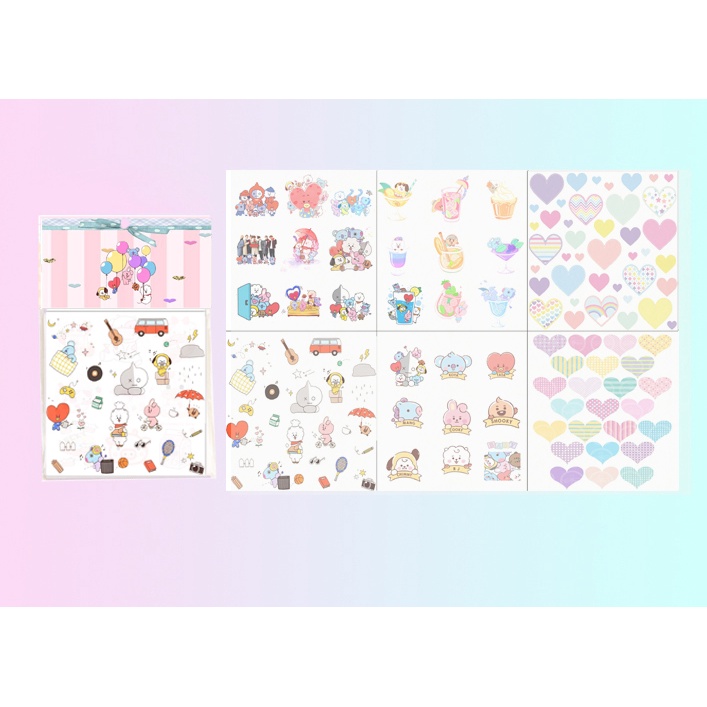 set 6 sticker washi bangtan S6W3 cute dễ thương hoạt hình ko bế 10x10cm
