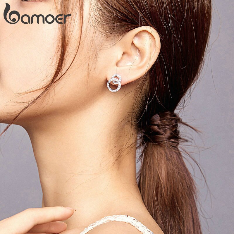 Bông tai Bamoer BSE388 hai vòng bạc 925 cho đính hôn đám cưới