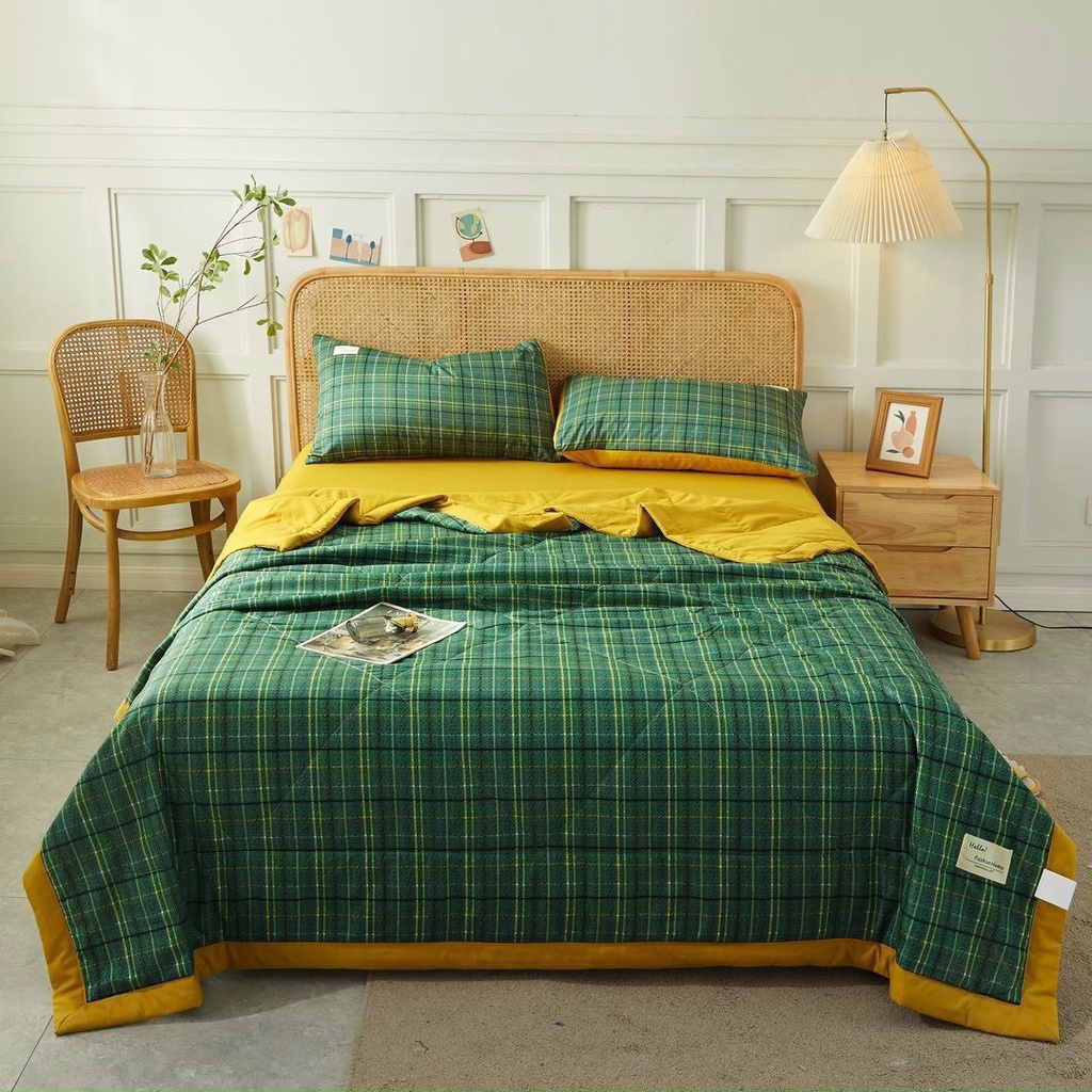 Bộ Chăn Ga Gối Cotton Tici Kẻ Chăn Chần Hè HIN BEDDING, Chăn Ga Hàn Quốc Vintage Chăn Chần Bông Cao Cấp Các Mẫu Mới