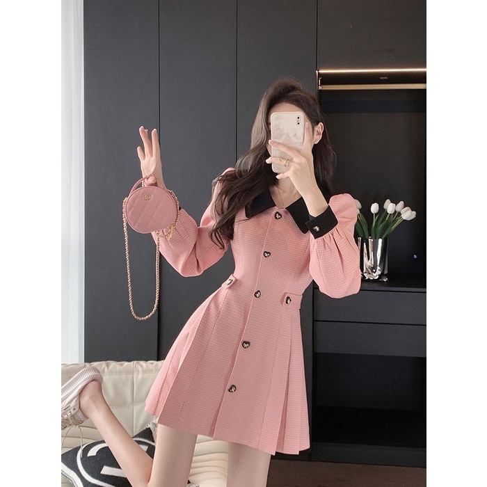 Pink Xiaoxiangfeng dress women's 2022 early autumn new small man waist show thin high temperament waist dress