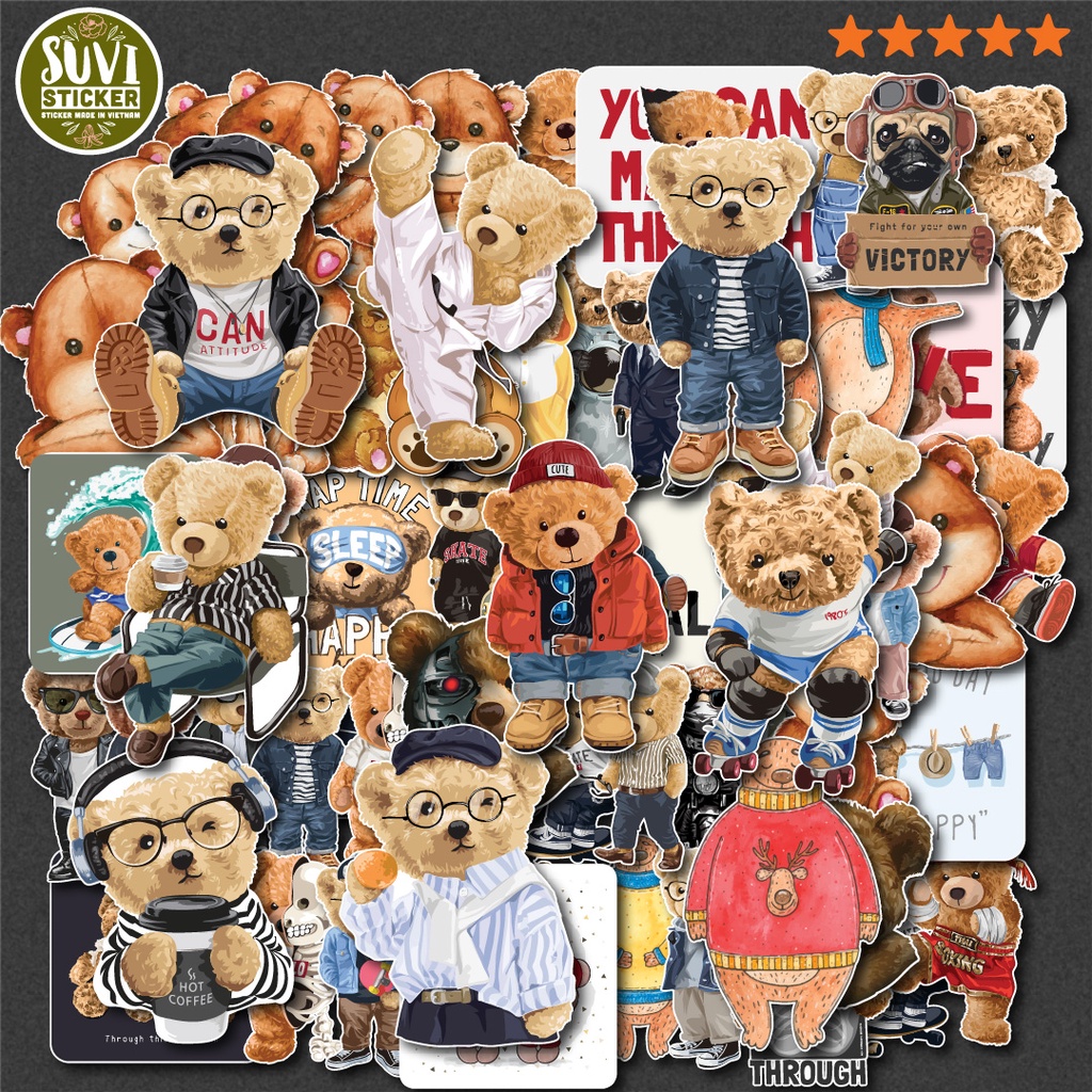 50 Sticker Teddy Bear chống nước sticker dán mũ bảo hiểm, laptop, điện thoại, đàn guitar, vali. MSP: NS10