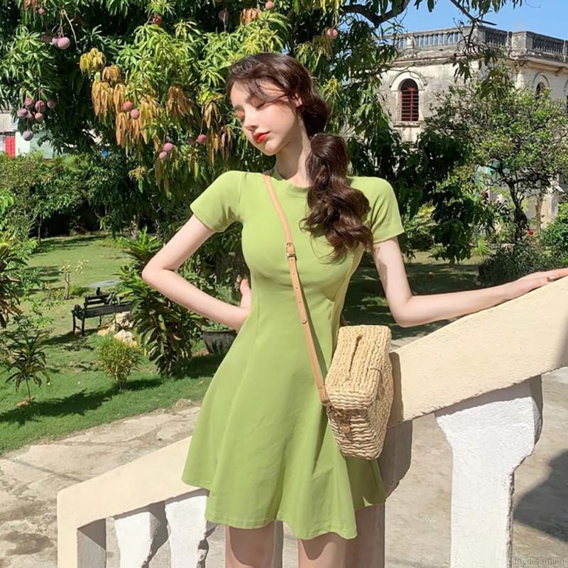 Váy Đầm Chữ a Tay Ngắn Cổ Tròn Màu Trơn Thời Trang Nữ