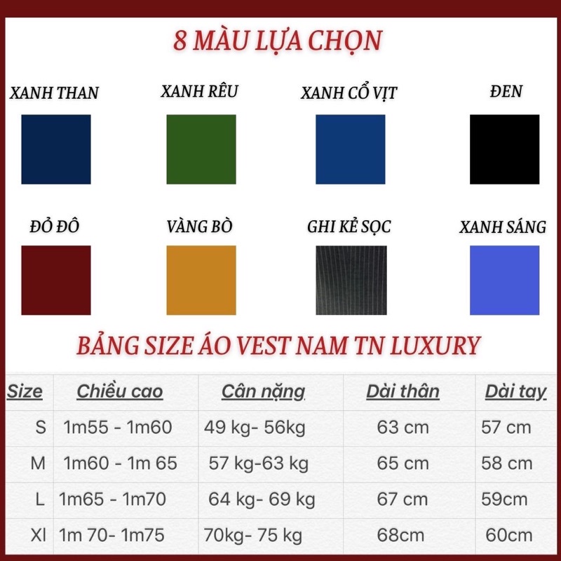 Áo Vest nam trẻ trung sang trọng nhiều màu vải chống nhăn không bai xù