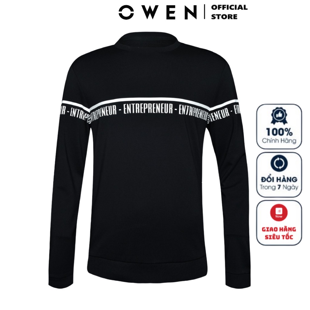 Áo Thu Đông Nam Thun Dài Tay Cao Cấp OWEN HD23283 Cổ Tròn Tay Và Gấu Áo Suông Thoải Mái Màu Đen In Chữ Trắng Chất Visco