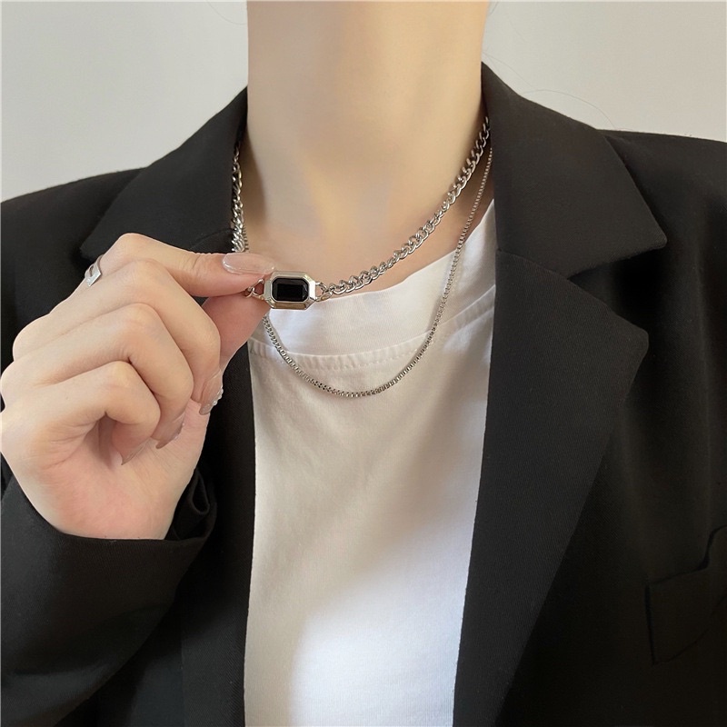 Vòng cổ unisex dây xích cá tính mặt hình học phong cách Hàn quốc cho nam nữ, dây chuyền unisex dây xích