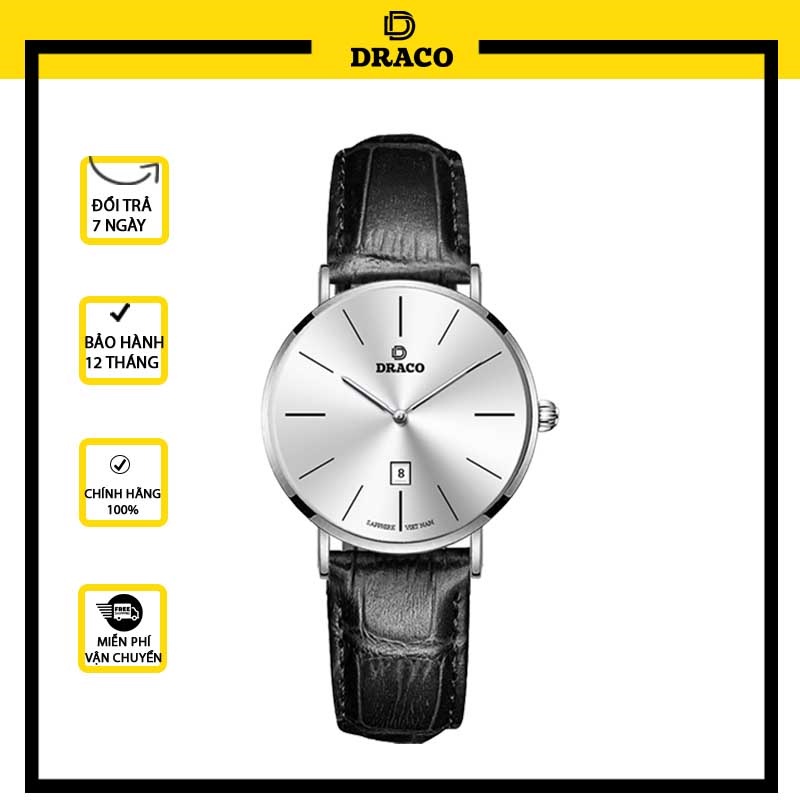 Đồng hồ nữ Draco D22-STN02 &quot;Classic Girl&quot; trắng kết hợp chất liệu dây dây da bò màu đen-phụ kiện thời trang nữ nhẹ nhàng
