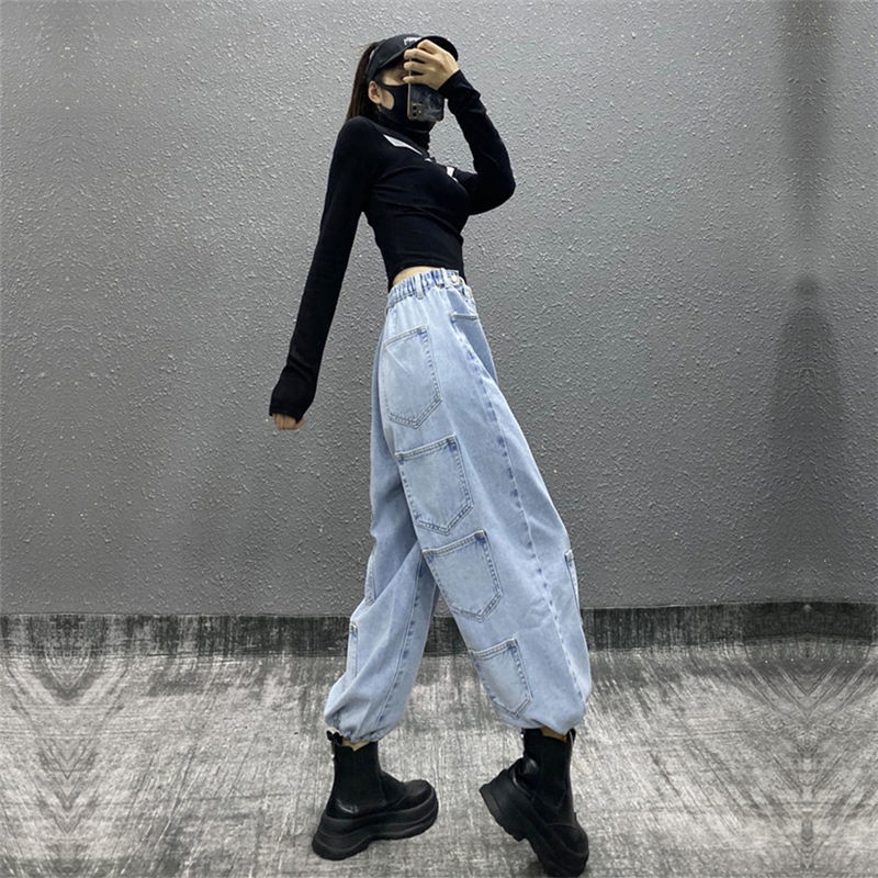 Quần jeans có túi cạp cao phong cách hip hop mới cho nữ