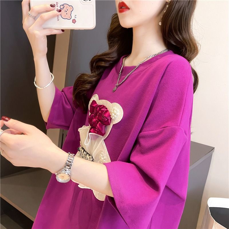 Áo Thun Cotton Mỏng Dáng Rộng Ngắn Tay Thêu Hình Phong Cách Hàn Quốc Thời Trang Mùa Hè Dành Cho Nữ 2022