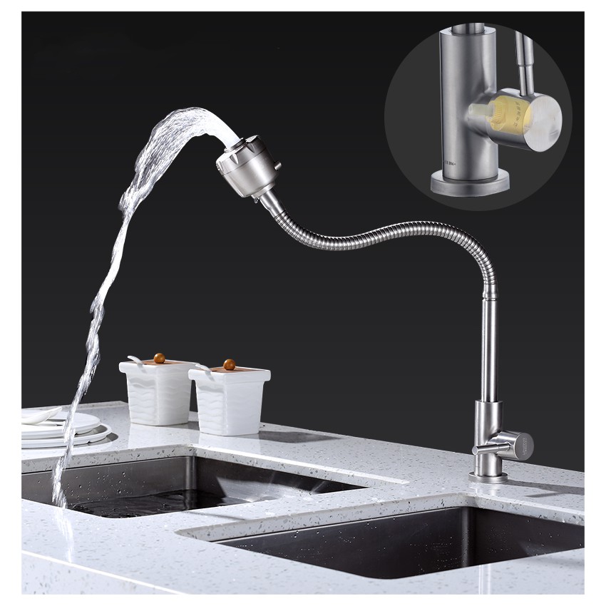 Vòi rửa chén xả lạnh cắm chậu inox 304 cần mềm - Đầu vòi 2 chế độ tăng áp - 1 đường nước- mã QH-DL003