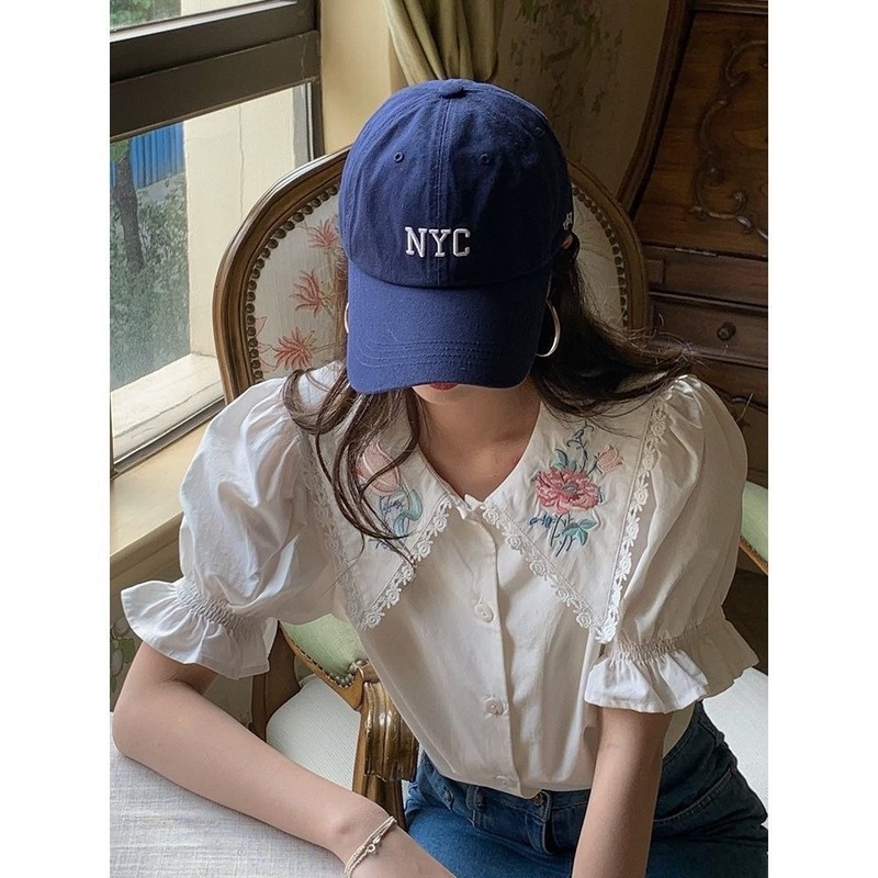 Áo Sơ Mi Tay Ngắn Phồng Cổ Búp Bê Thêu Họa Tiết Phong Cách Retro Pháp Thời Trang Cho Nữ