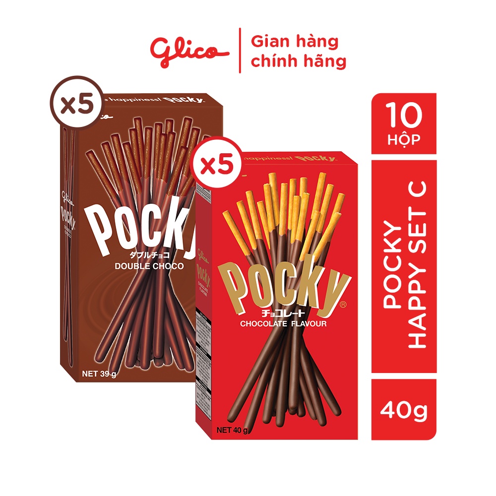 Bánh que phủ kem GLICO Pocky (Combo 10 hộp Happy Set C - 5 Socola 5 Double Choco)