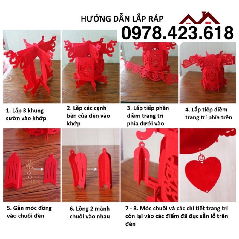 Đèn lồng đỏ chữ Phúc lục giác trang trí Tết - đèn lồng mùa xuân không dệt