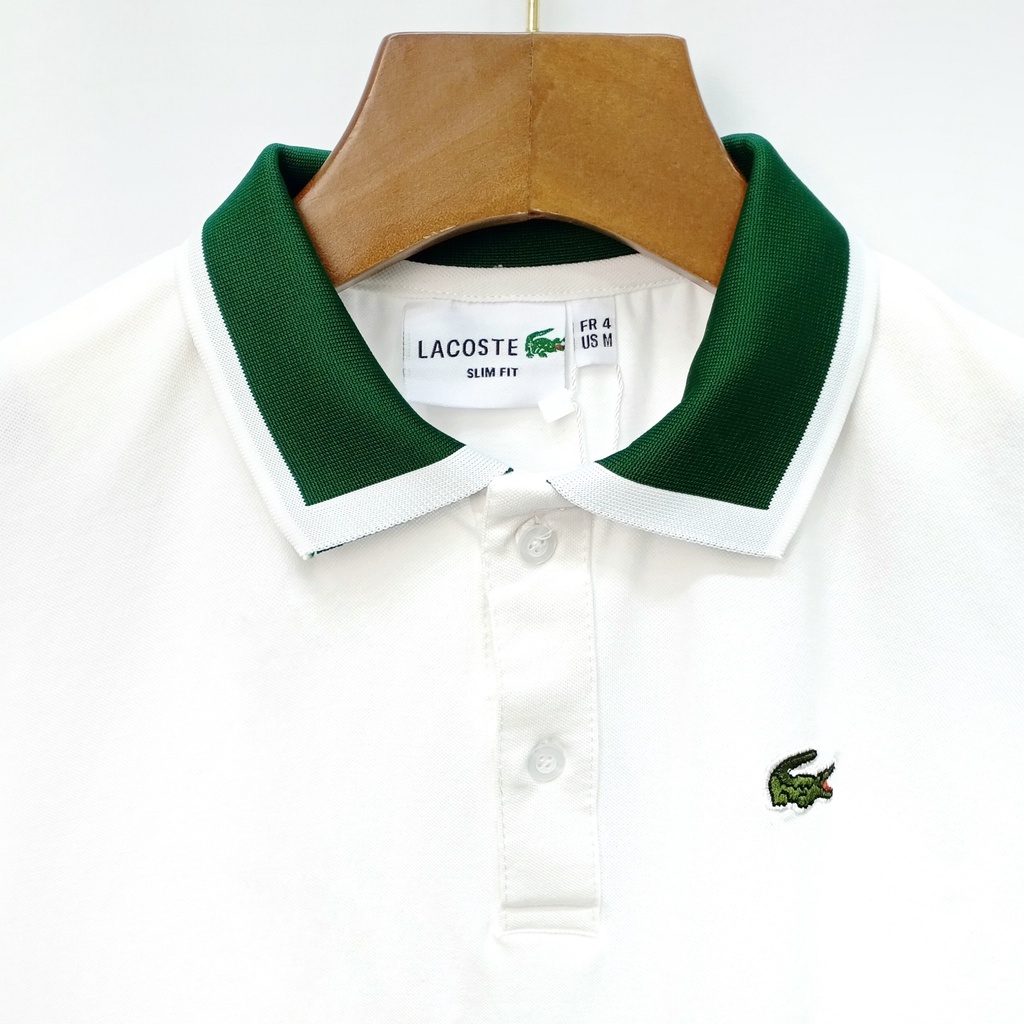 ÁO THUN CỔ TRỤ LACOSTE TRẮNG XANH LÁ VNXK   - COTTON CÁ SẤU 100%