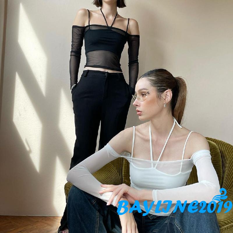 Bay- Áo Vest + Áo Crop Top Không Tay Cổ Treo + Áo Dài Tay Trễ Vai Màu Trơn Giản Dị Dành Cho Nữ