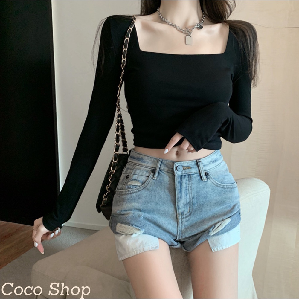 Áo croptop tay dài cổ vuông Coco Shop, Áo croptop nữ kiểu ôm body gợi cảm