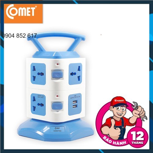 Ổ Cắm Điện đa năng COMET 2500W dây dài 3m, 7 lỗ cắm 3 chấu, 2 cổng sạc USB, CES6703