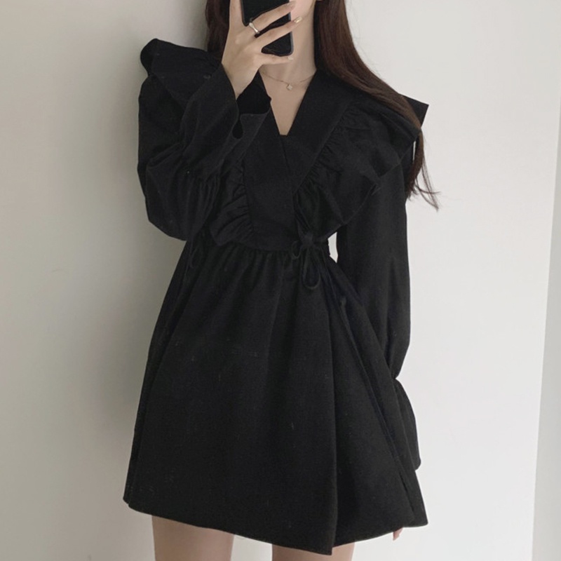 Đầm dài tay cổ chữ v thiết kế mới thời trang mùa thu theo phong cách retro