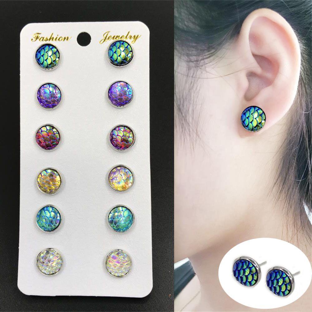 LAY Set 6 Đôi Bông Tai Họa Tiết Vảy Cá 12mm