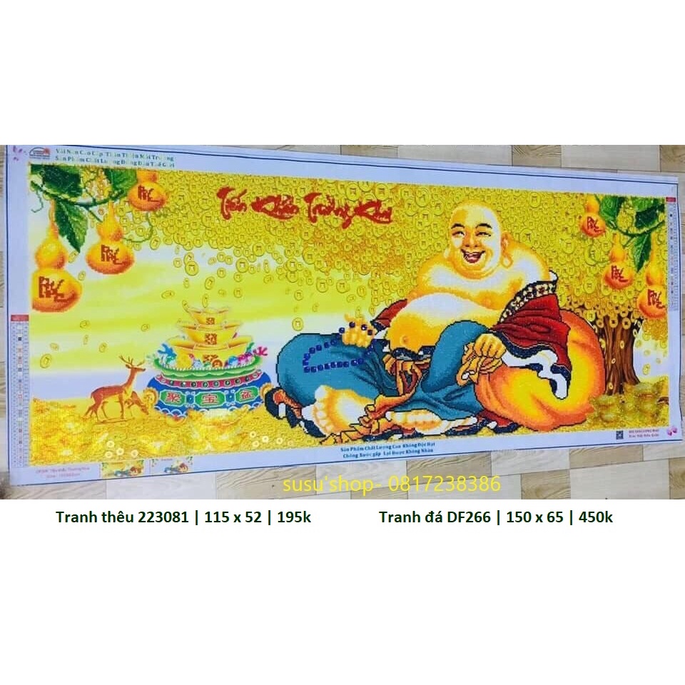 Tranh thêu chữ thập, tranh đính đá phật di lạc 223 081 (115 x 52 cm), DF266 (150 x 65 cm)