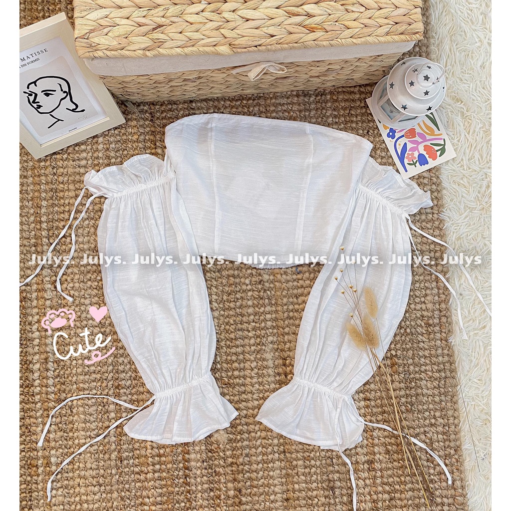 Áo croptop đũi trễ vai tay bồng (ảnh thật kèm video)