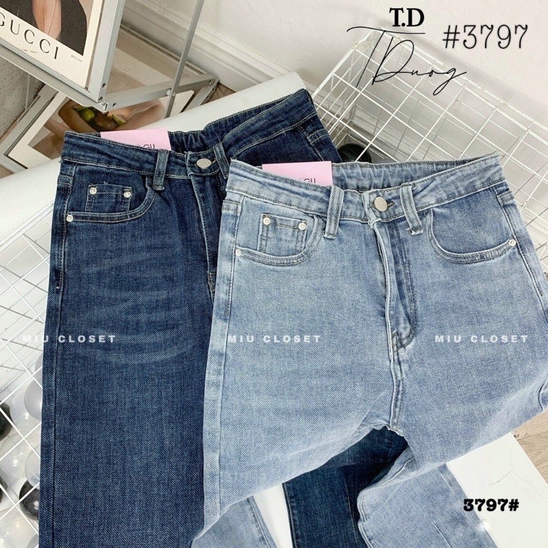 Quần jeans suông gấu lệch cạp cao co dãn