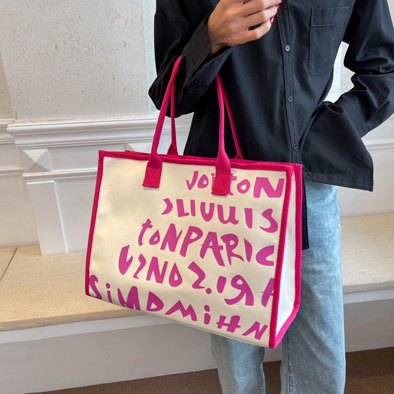 Túi Xách Đeo Vai Vải Canvas Cỡ Lớn In Chữ Tiện Lợi Cho Nữ
