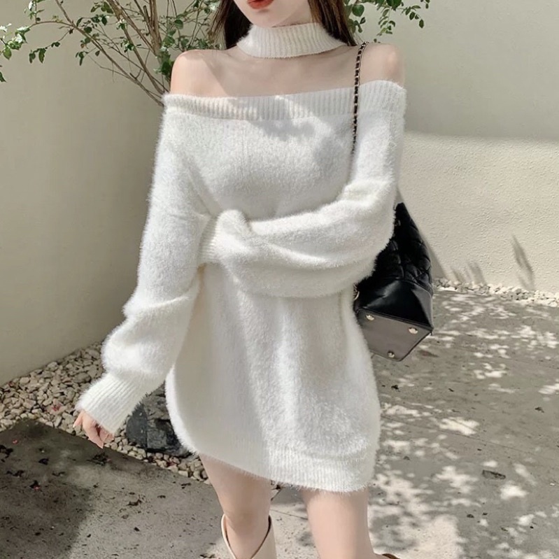 Áo len trễ vai lông thỏ tiểu thư choker trắng oversize loại 1-video thật | BigBuy360 - bigbuy360.vn