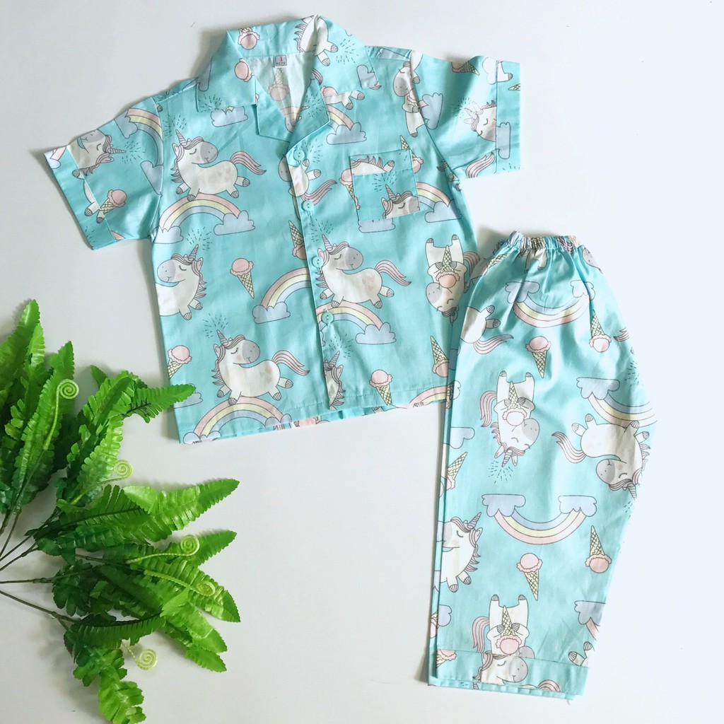 Pijama cho bé vải cotton hút mồ hôi hình kỳ lân xanh 10-20kg