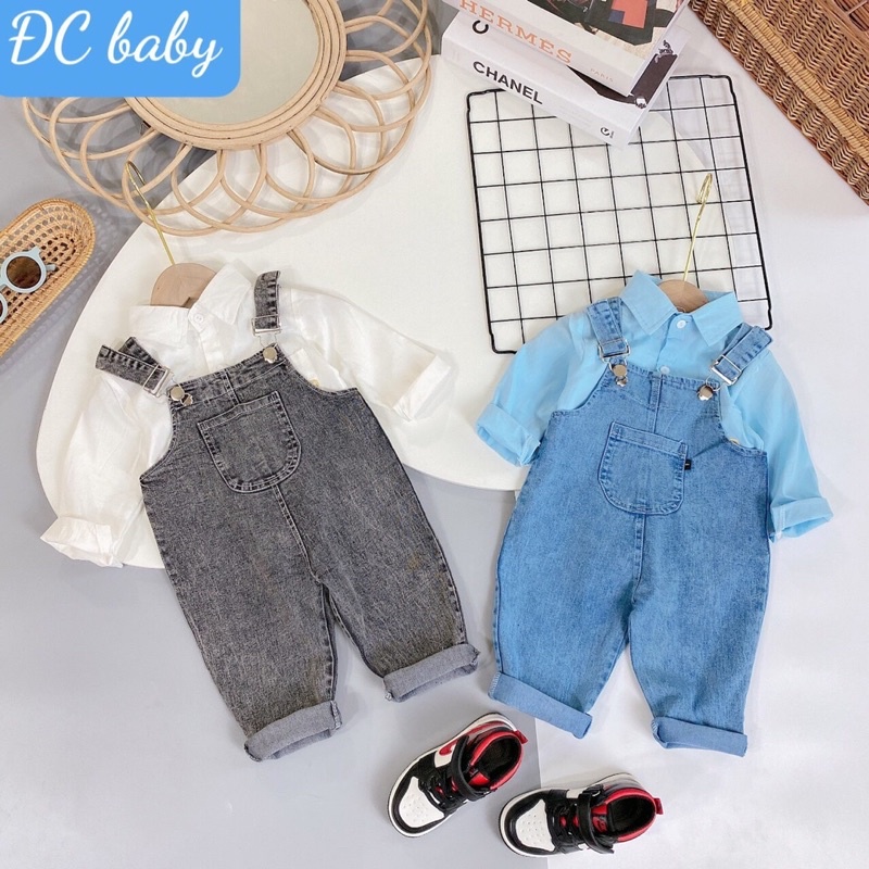 Set yếm jeans denim kèm áo sơmi cho bé trai 8-16kg