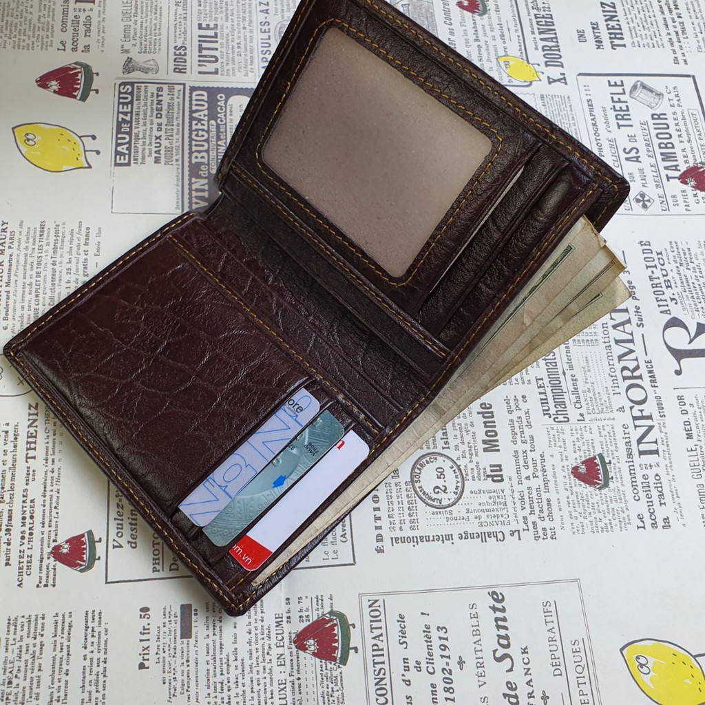 Ví đứng da bò thật 100% vân voi WS114  - BH 3 năm