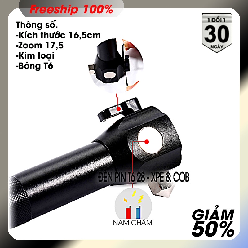 Đèn pin siêu sáng xmlT6-28, 4 trong 1 nhiều chế độ chớp led zoom  đèn cob đèn báo hiệu kiêm búa đẹp chắc bền  chất liệu.